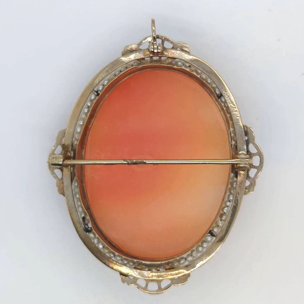 VICTORIAN CAMEO W/SEED PEARL RIM BROWN. LADIES HEAD 9.9 GR ETX - Image 2