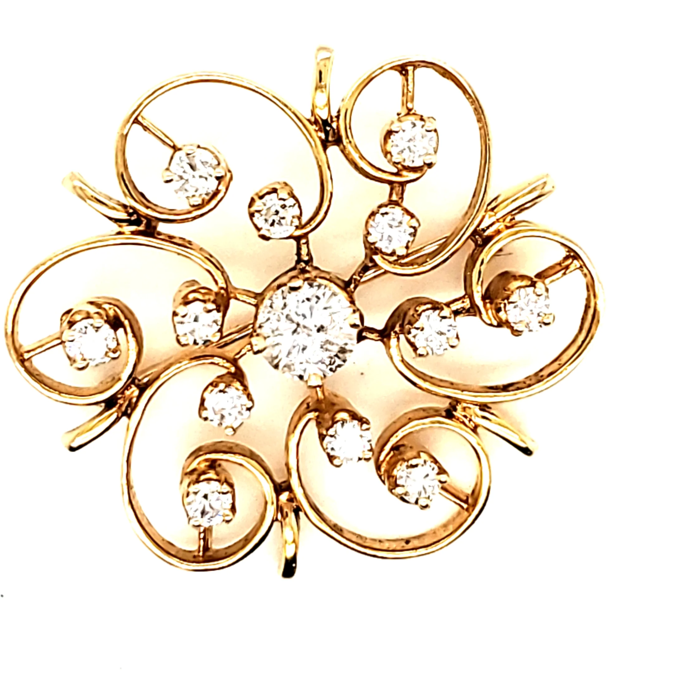 Vintage 14Kt Gold And Diamond Star Burst Brooch Pendant