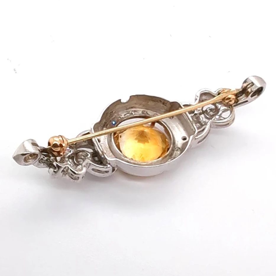 Vintage 14kt White Gold Citrine and Diamond Brooch - Image 2