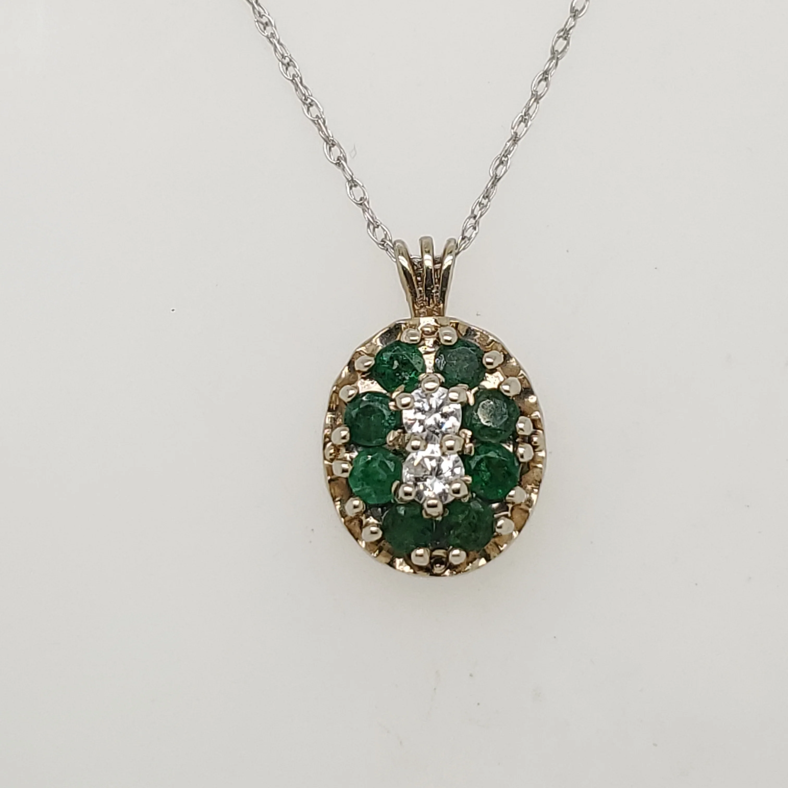 Vintage 14kt White Gold Diamond and Emerald Pendant Necklace