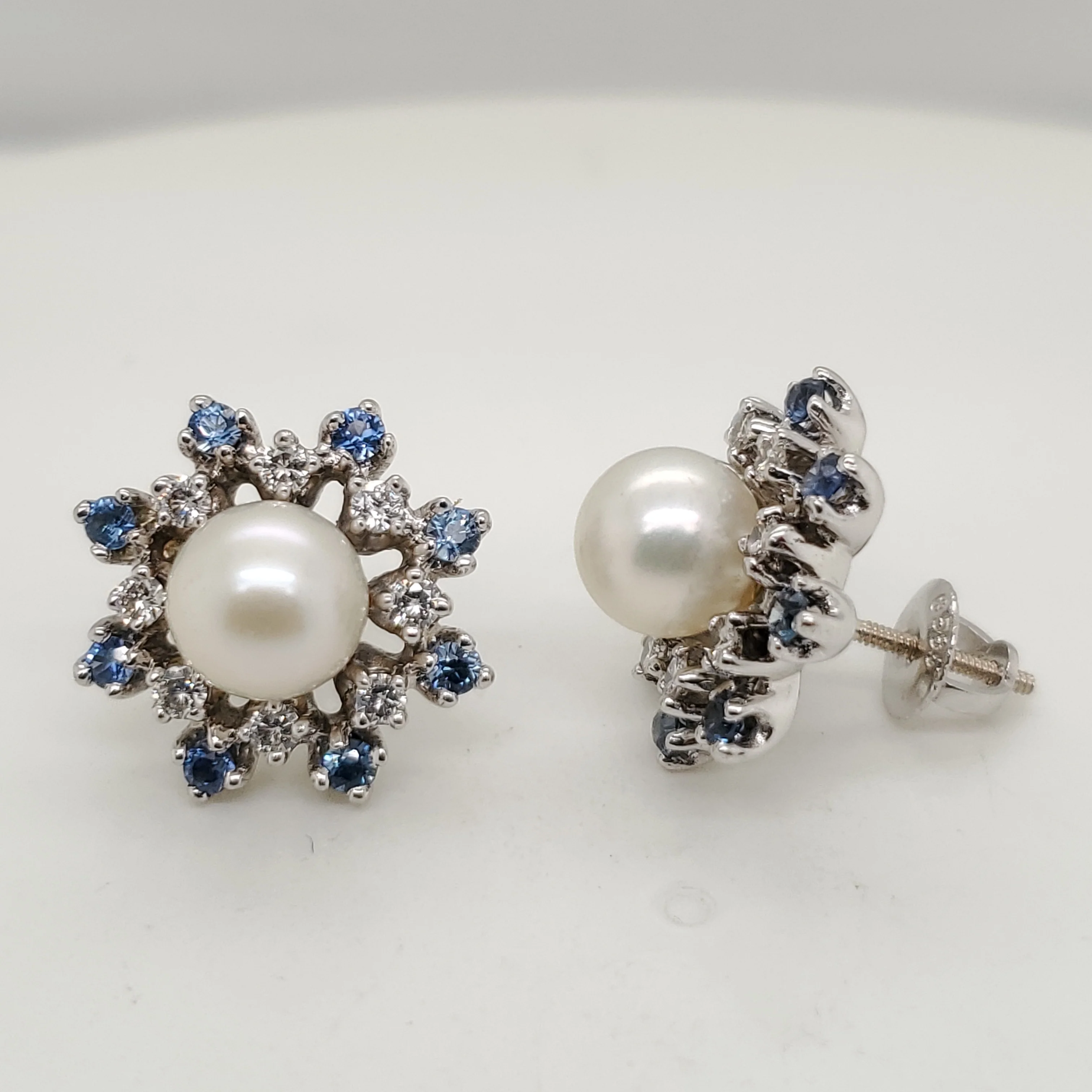 Vintage 14kt White Gold PearlSapphire and Diamond Earrings
