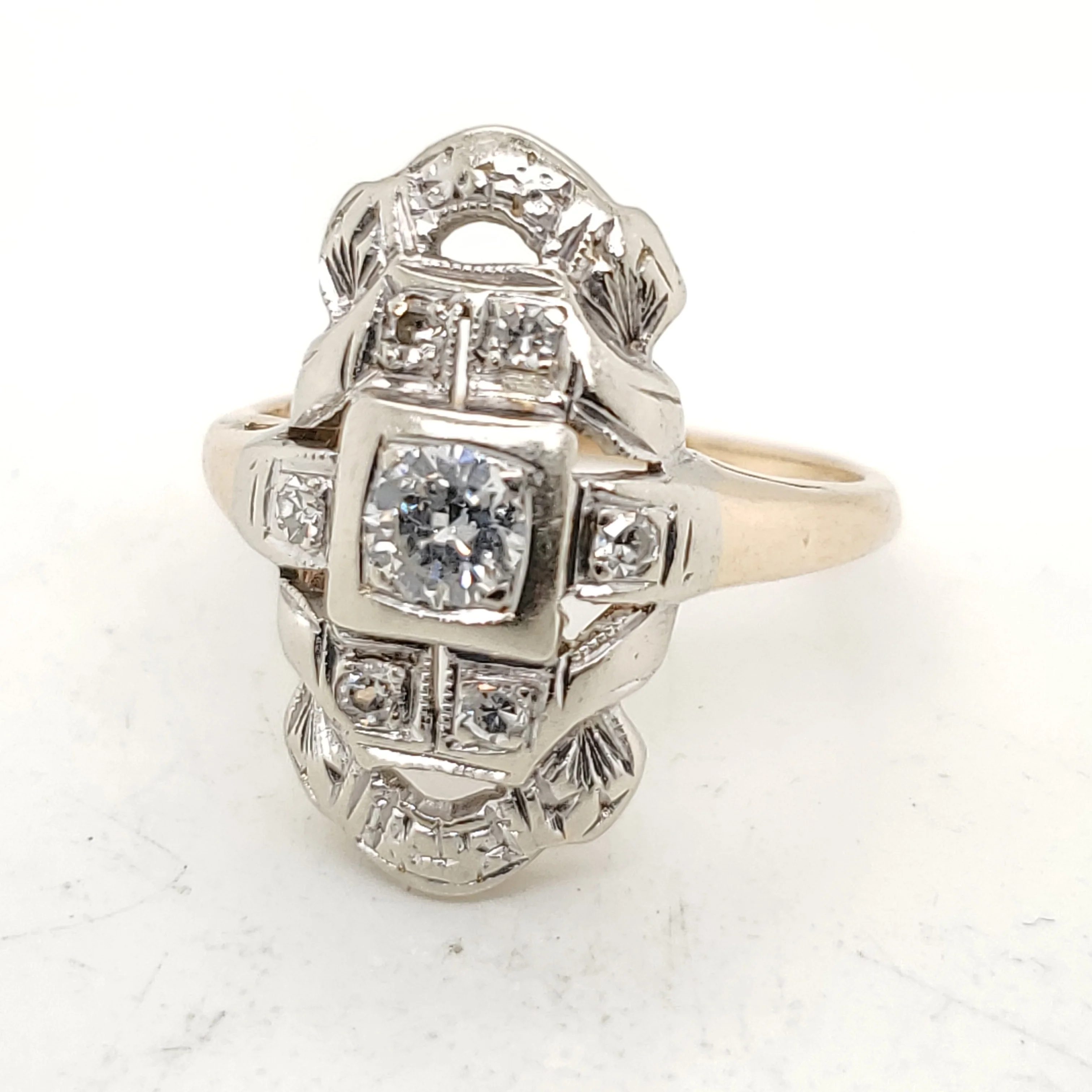 Vintage 14kt Yellow and White Gold Filigree Diamond Dinner Ring