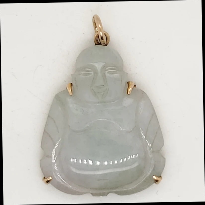 Vintage 14Kt Yellow Gold Carved Jadeite Jade Buddha Pendant