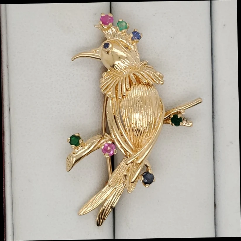 Vintage 14kt Yellow Gold Emerald Sapphire and Ruby Bird Brooch