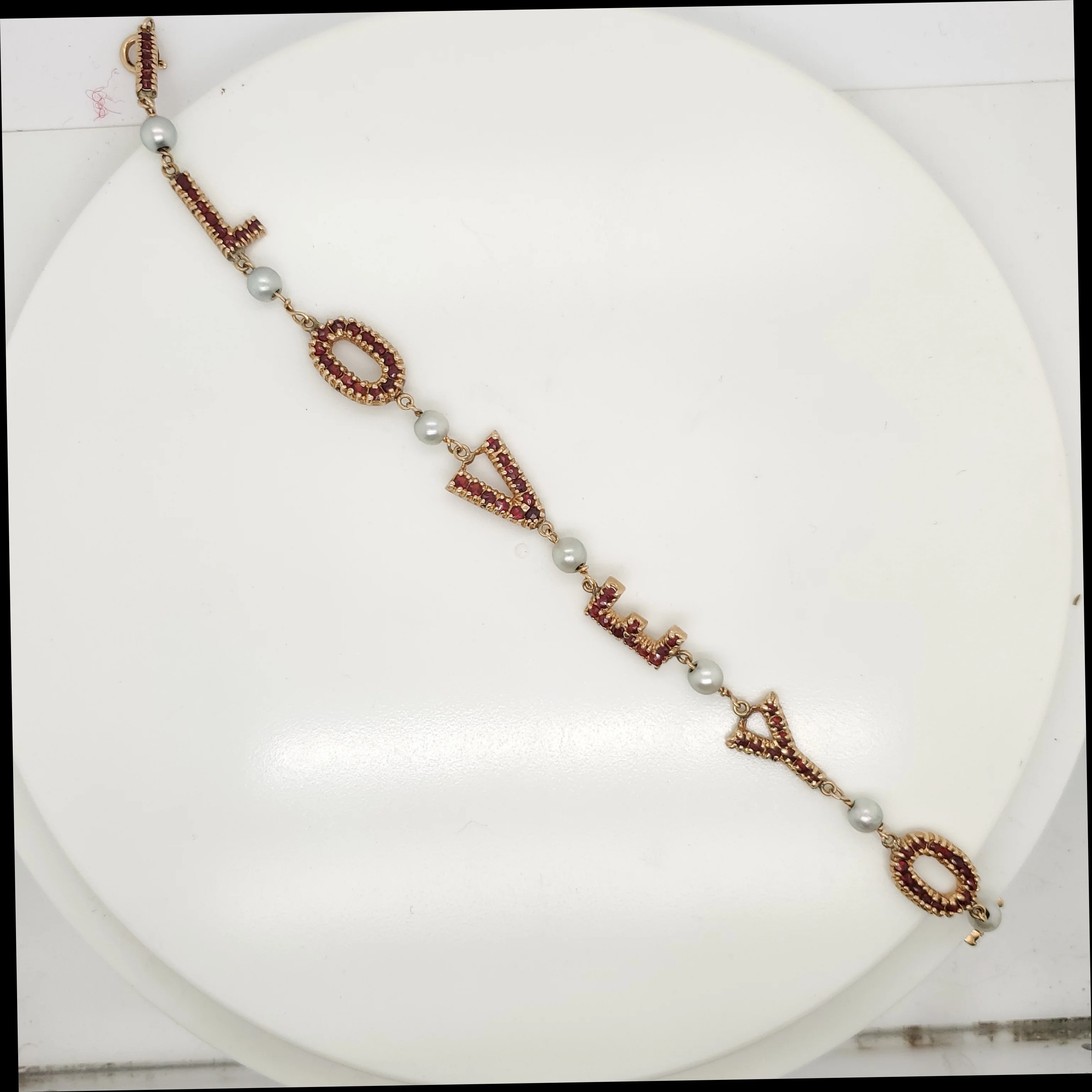 Vintage 14kt Yellow Gold Garnet and Pearl I Love You Bracelet