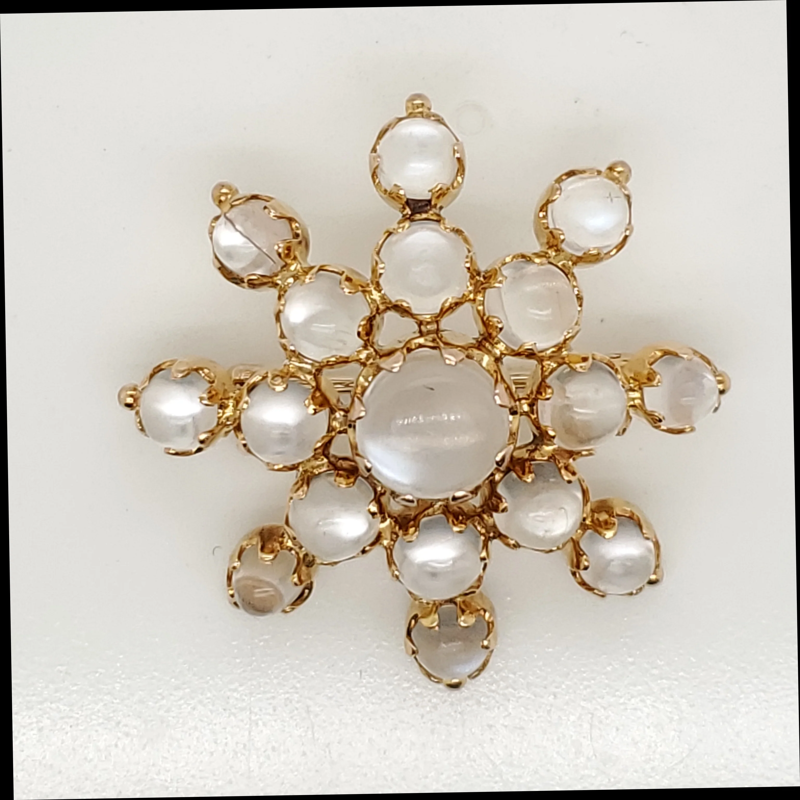 Vintage 14kt Yellow Gold Moonstone Sunburst Brooch