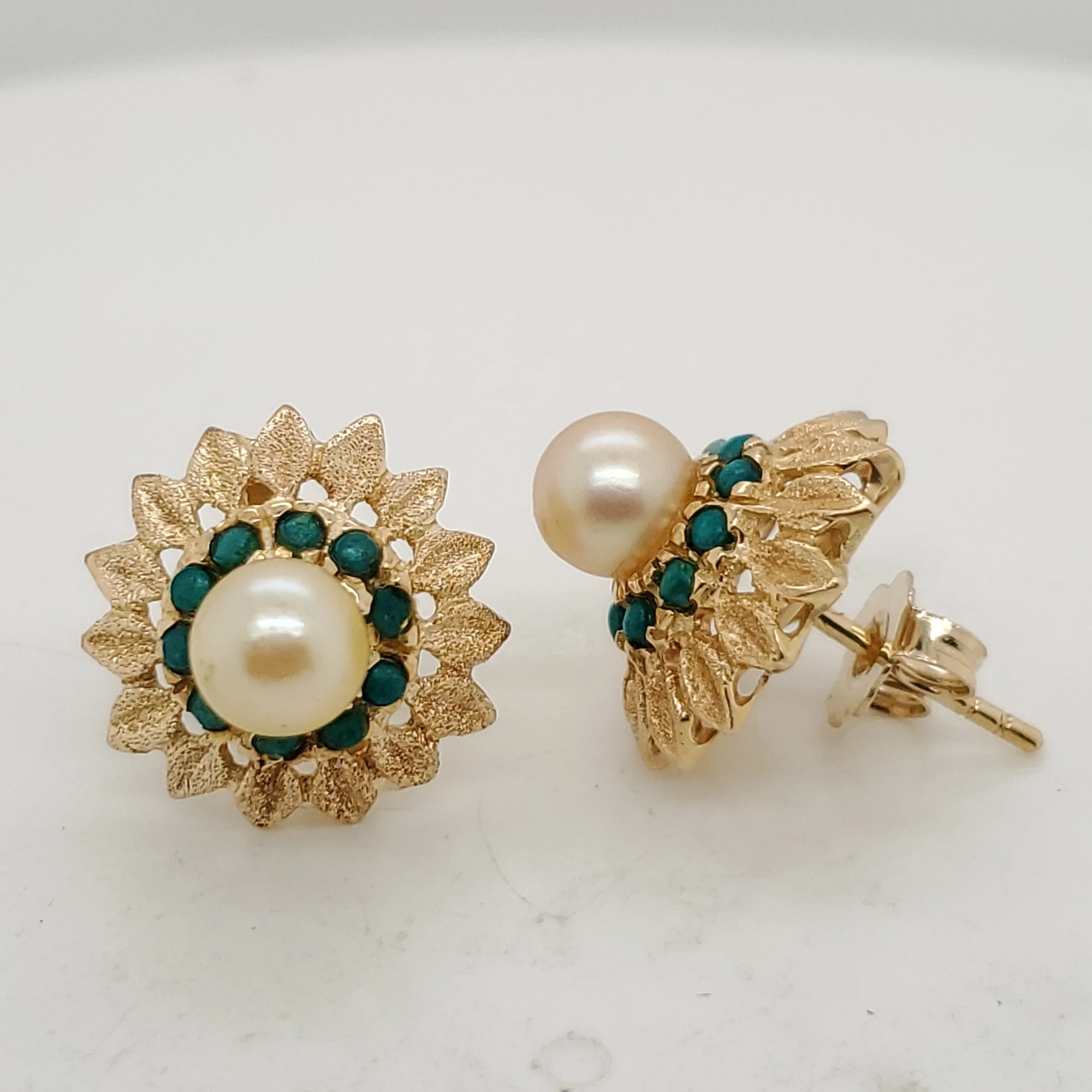 Vintage 14Kt Yellow Gold  Pearl and Turquoise Earrings