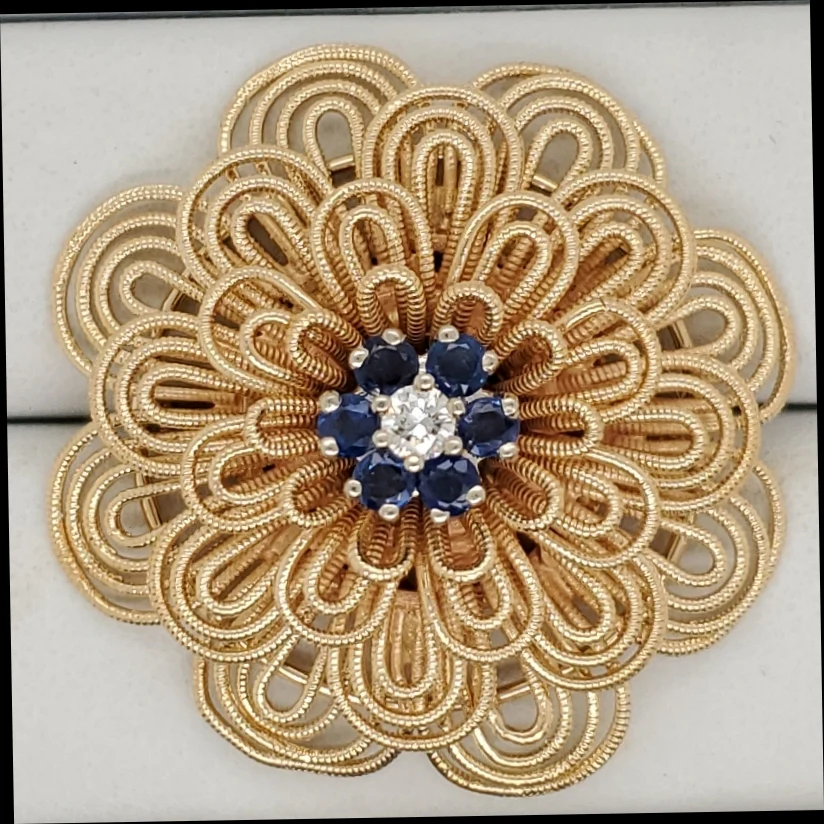 Vintage 14kt Yellow Gold Sapphire and Diamond Brooch