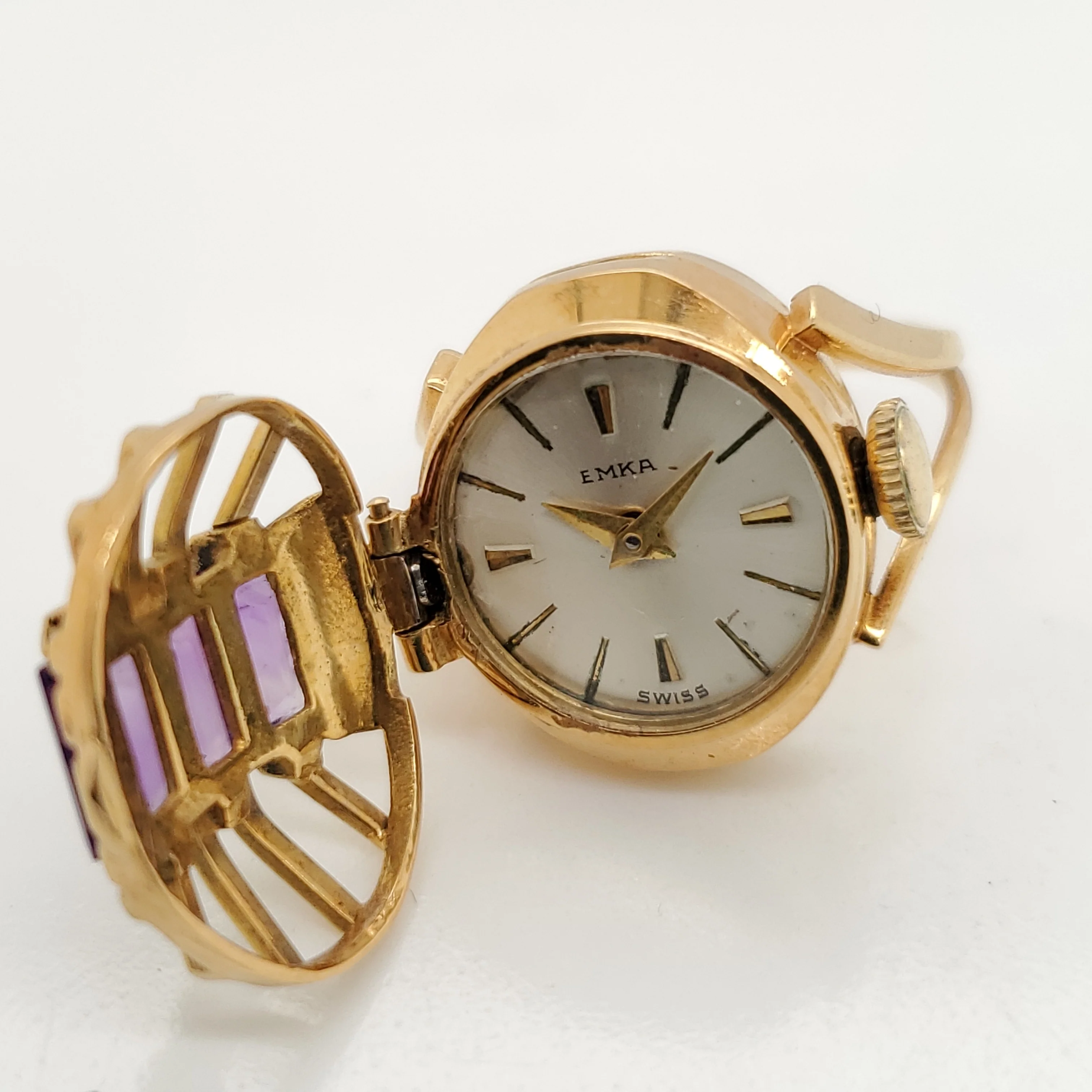 Vintage 18kt Yellow Gold and Amethyst Emka Watch Ring - Image 2