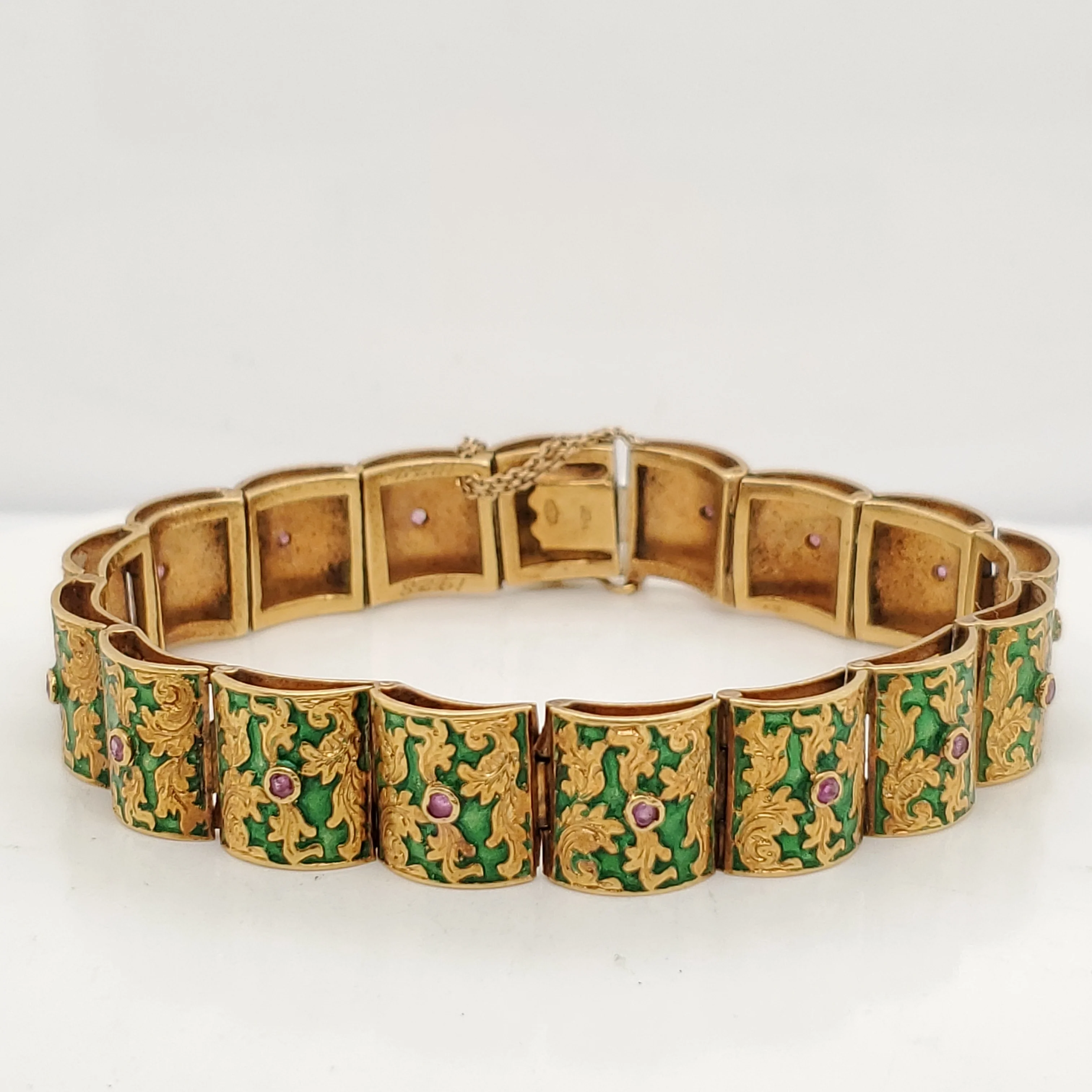 Vintage 18kt Yellow Gold Green Enamel and Ruby Bracelet