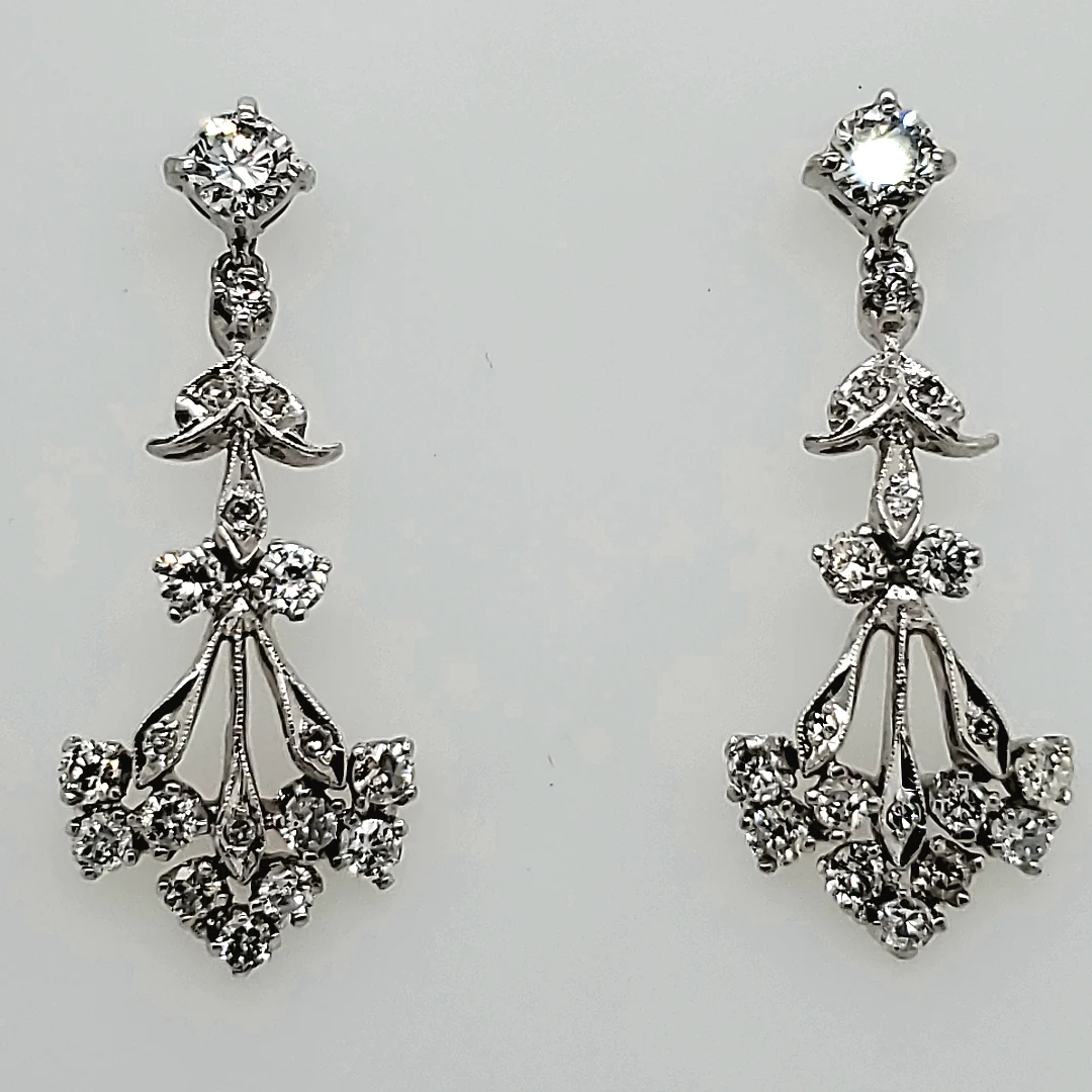Vintage Mid Century 14Kt White Gold And Diamond Dangle Earrings