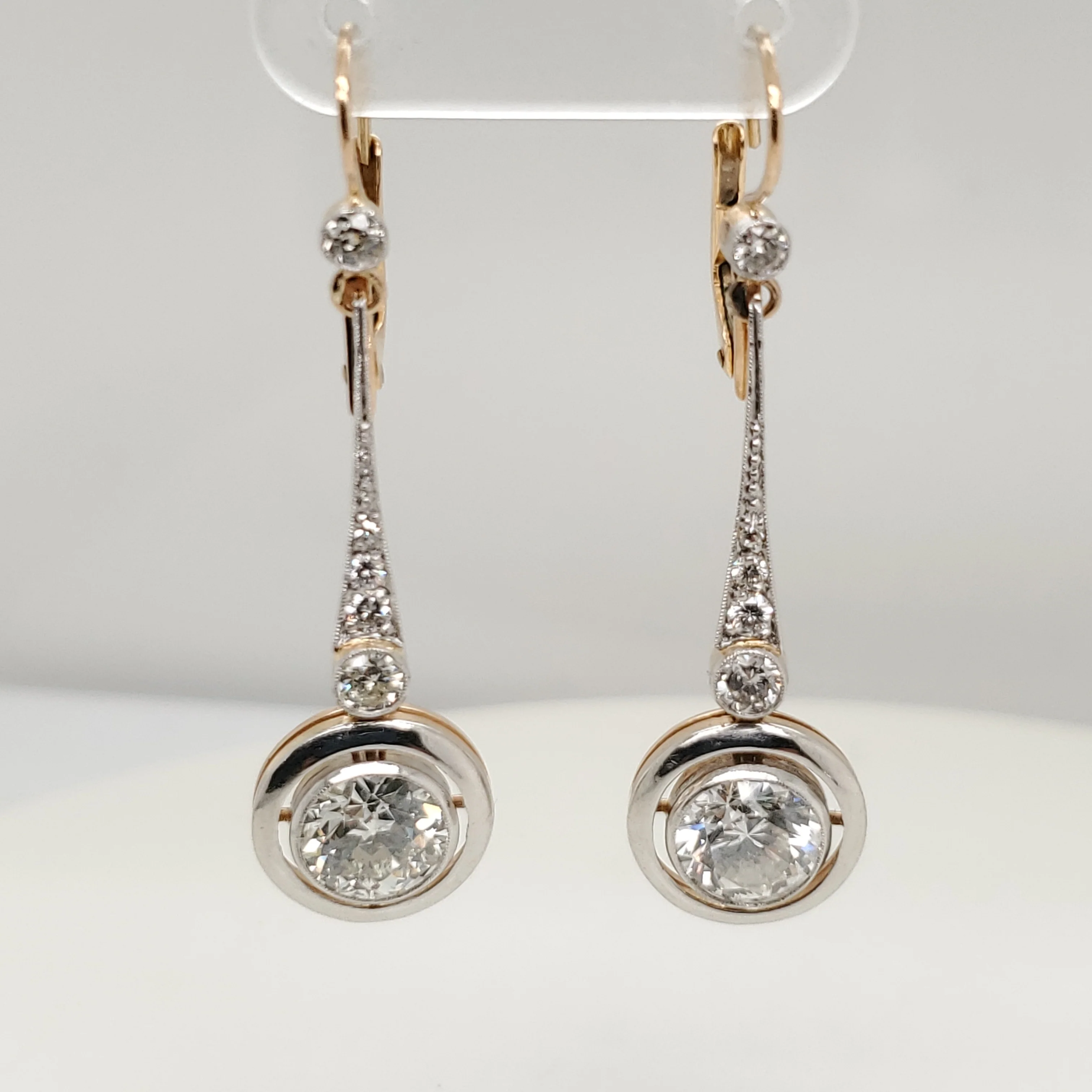 Vintage Platinum on Yellow Gold Diamond Dangle Earrings